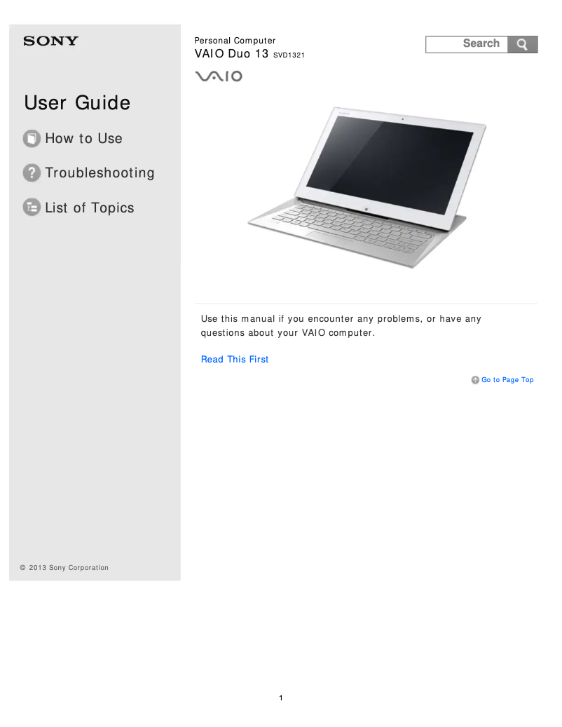 Page 1 de la notice Manuel utilisateur Sony Vaio Duo 13 SVD13217PSB