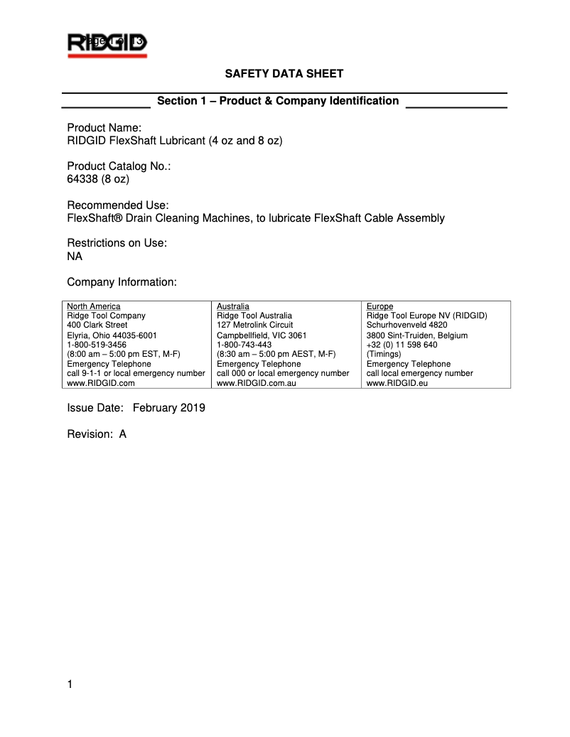 Page 1 de la notice Fiche technique Ridgid FlexShaft K9-306