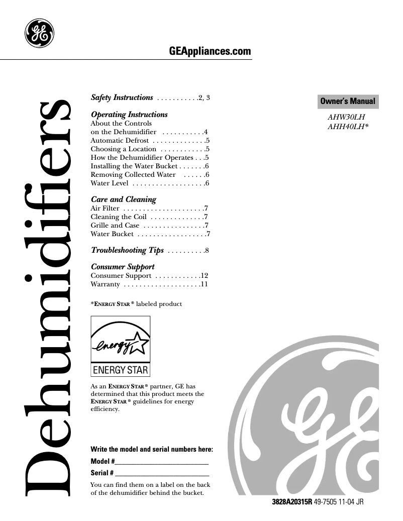 Page 1 de la notice Guide d'installation GE AHH40LH