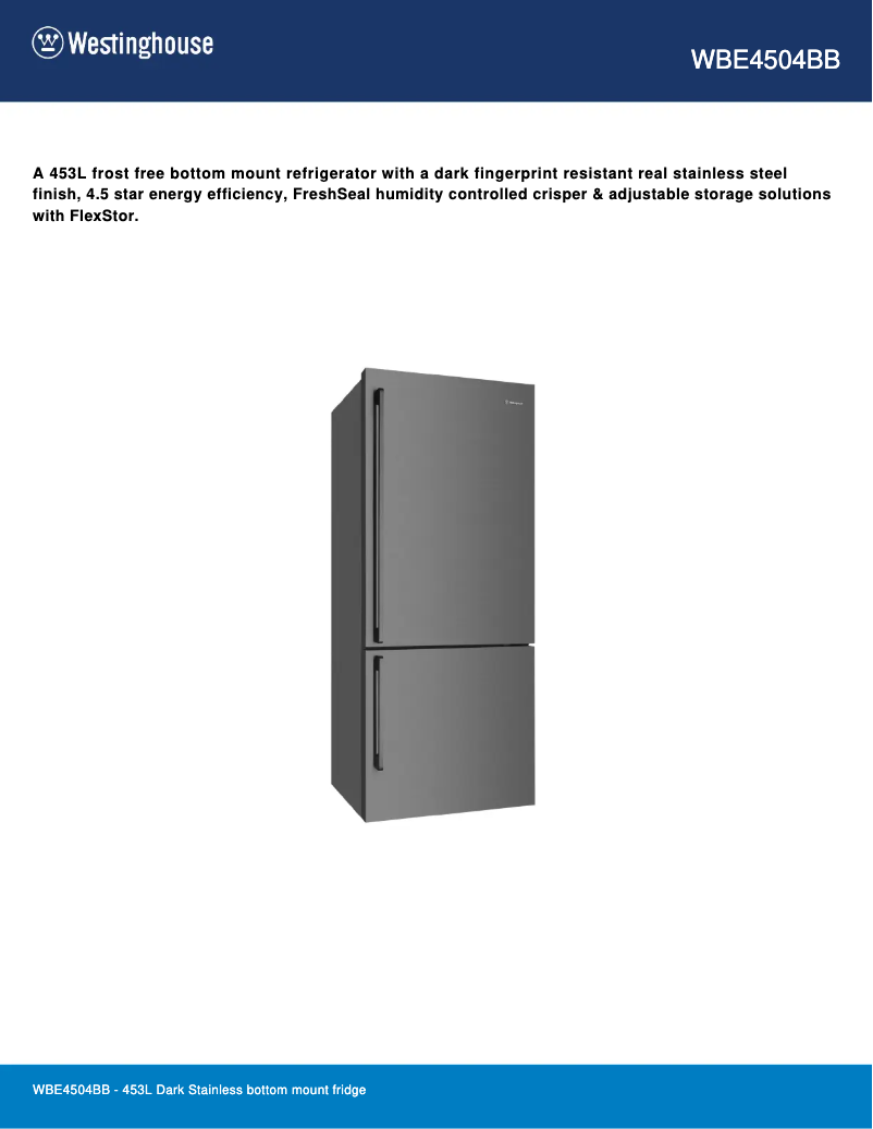 Page 1 de la notice Fiche technique Westinghouse WBE4504BB