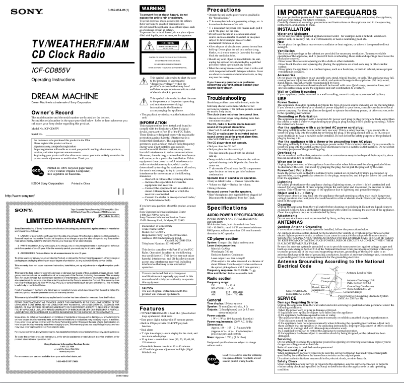 Image de la première page du manuel de l'appareil ICF-CD855V