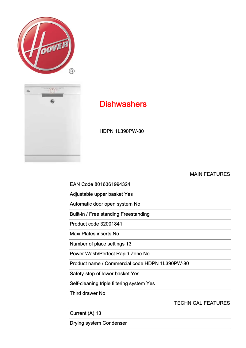 Page n°1 - Fiche technique Hoover HDPN 1L390PW-80