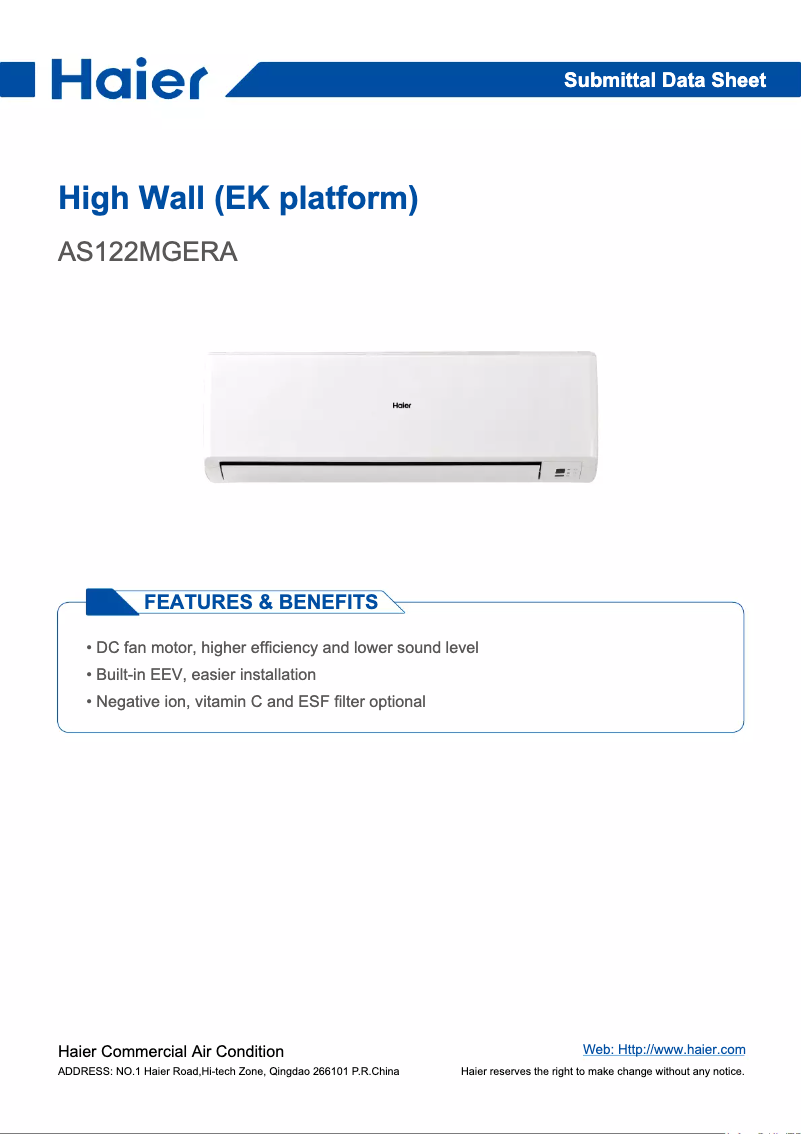 Page 1 de la notice Manuel utilisateur Haier AS122MGERA