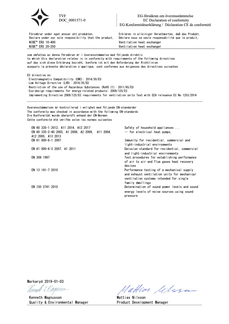 Page 1 de la notice Guide d'installation Nibe ERS 10-400