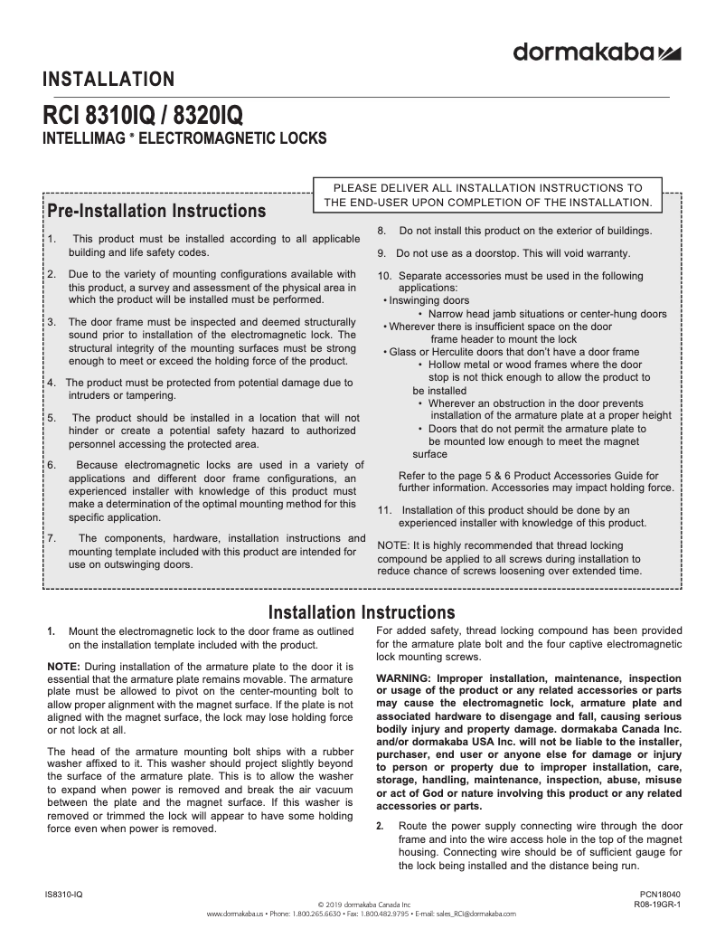 Page 1 de la notice Manuel utilisateur Dormakaba RCI 8310IQ