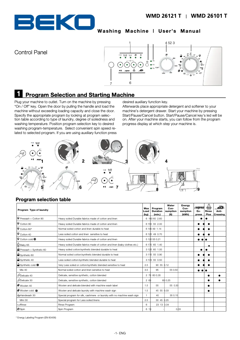 Page n°1 - Manuel utilisateur Beko WMD 26101 T
