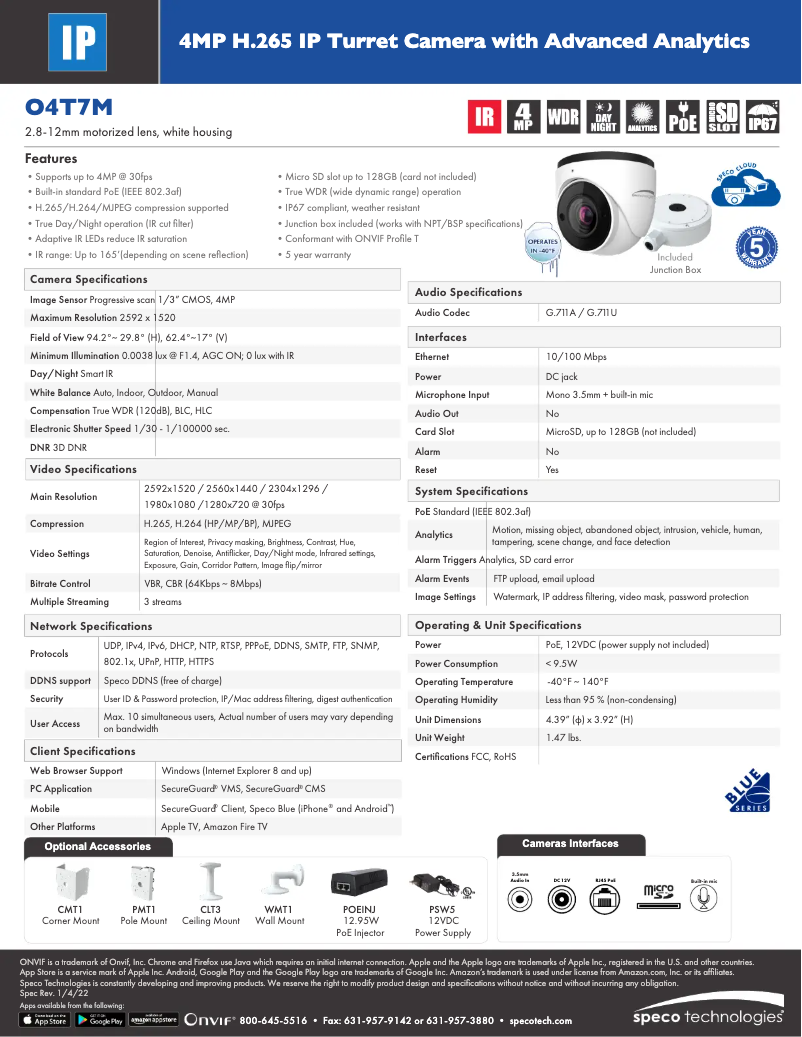 Page 1 de la notice Fiche technique Speco Technologies O4T7M