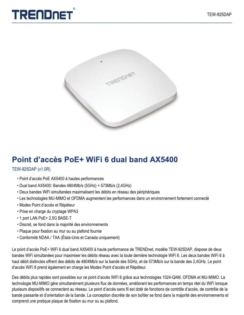 Image de la première page du manuel de l'appareil TEW-925DAP