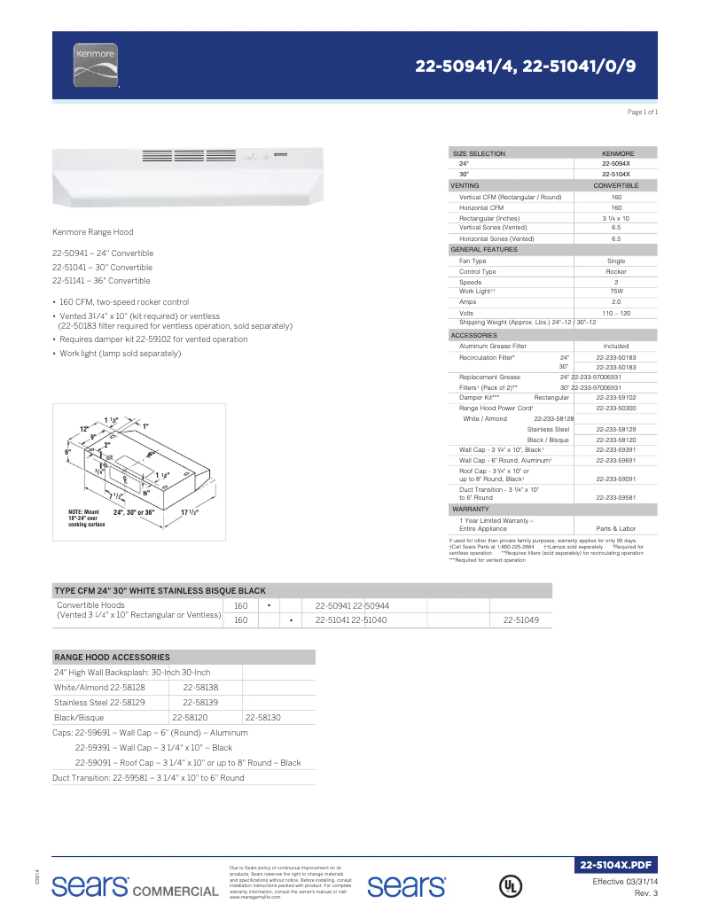 Page 1 de la notice Manuel utilisateur Kenmore 50941