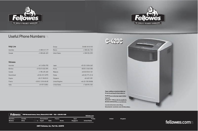 Page 1 de la notice Manuel utilisateur Fellowes Powershred C-420C