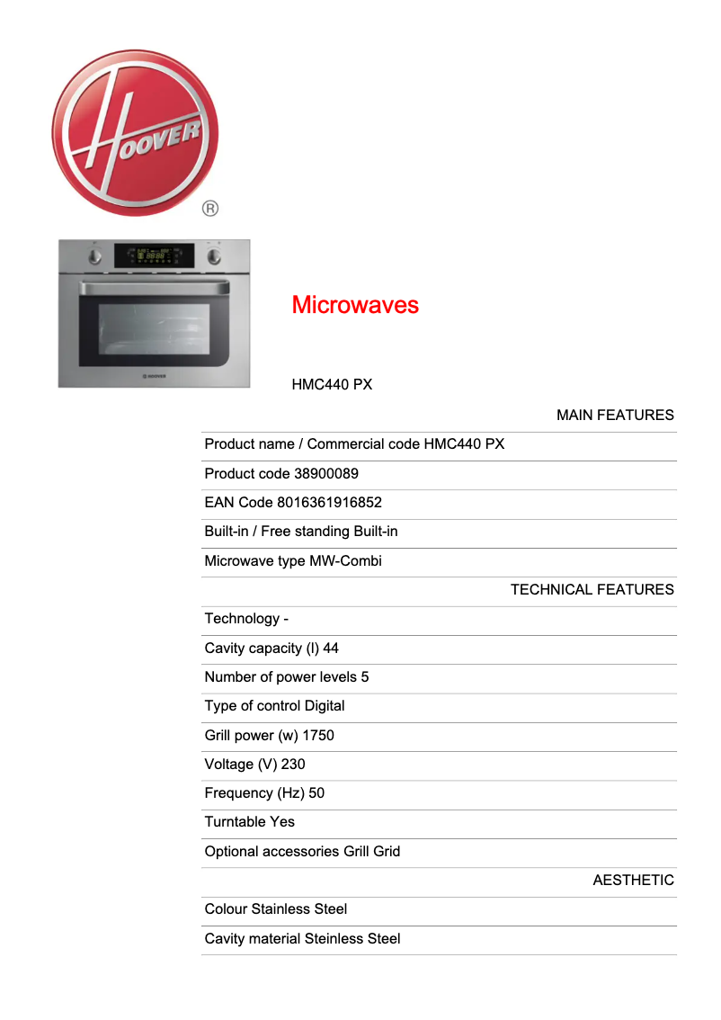 Page n°1 - Fiche technique Hoover HMC440 PX