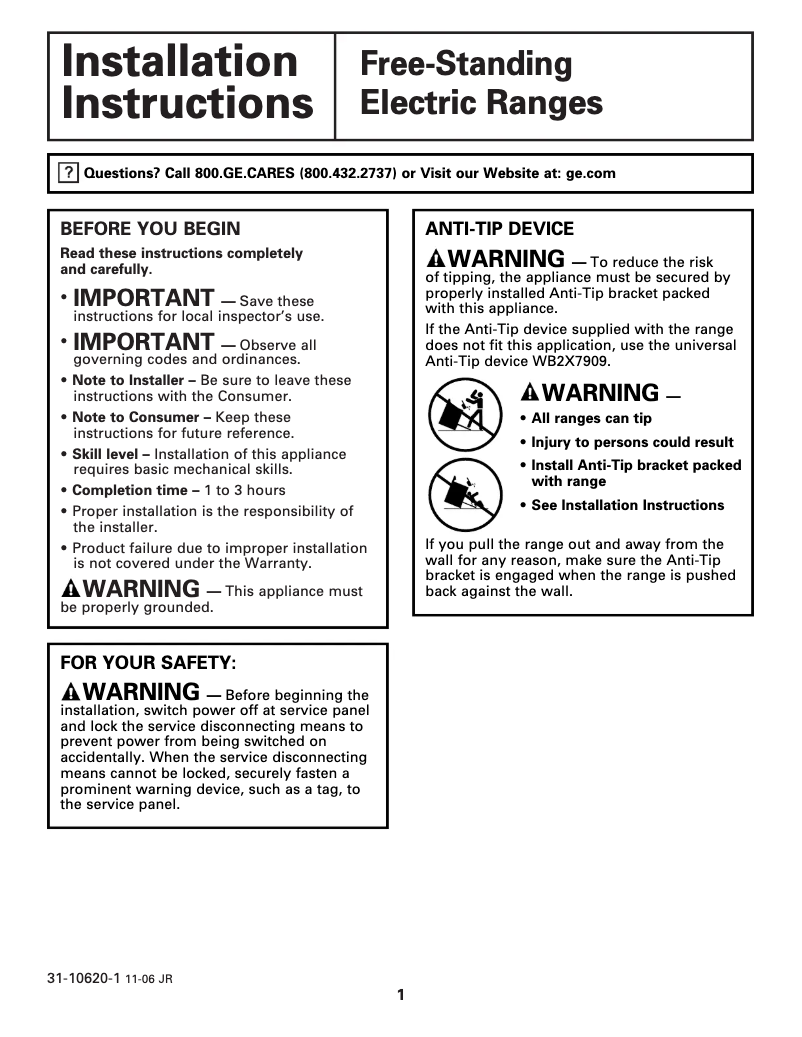 Page n°1 - Guide d'installation GE JBS55SKSS
