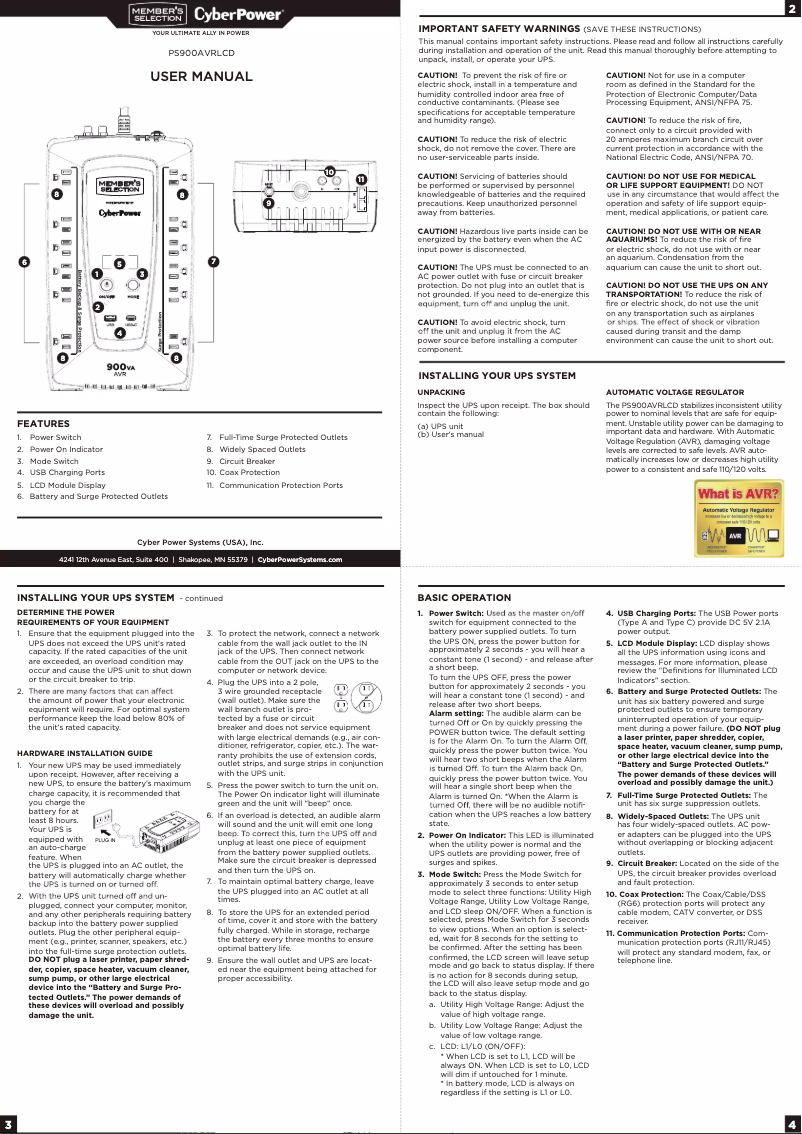 Page 1 de la notice Manuel utilisateur CyberPower PS900AVRLCD