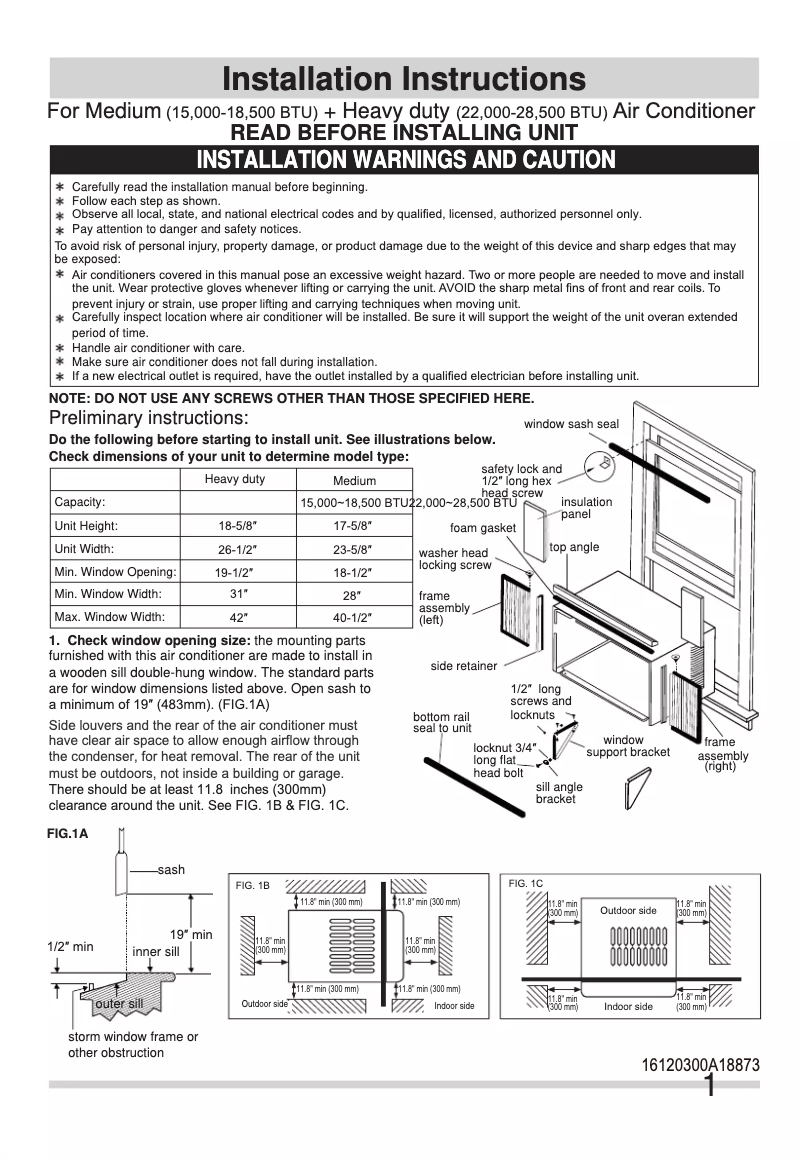 Page 1 de la notice Guide d'installation Frigidaire FHWC253WB2