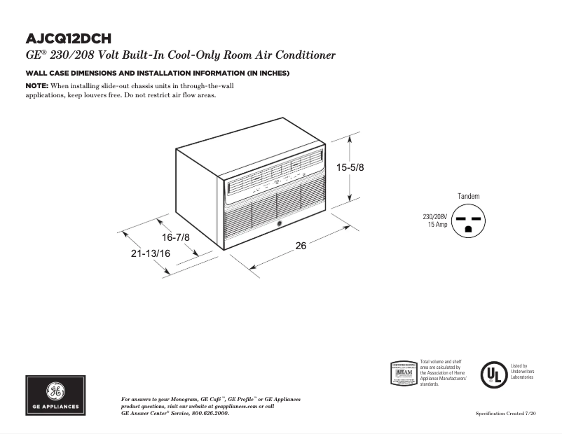 Page 1 of the manual Technical Sheet GE AJCQ12DCH