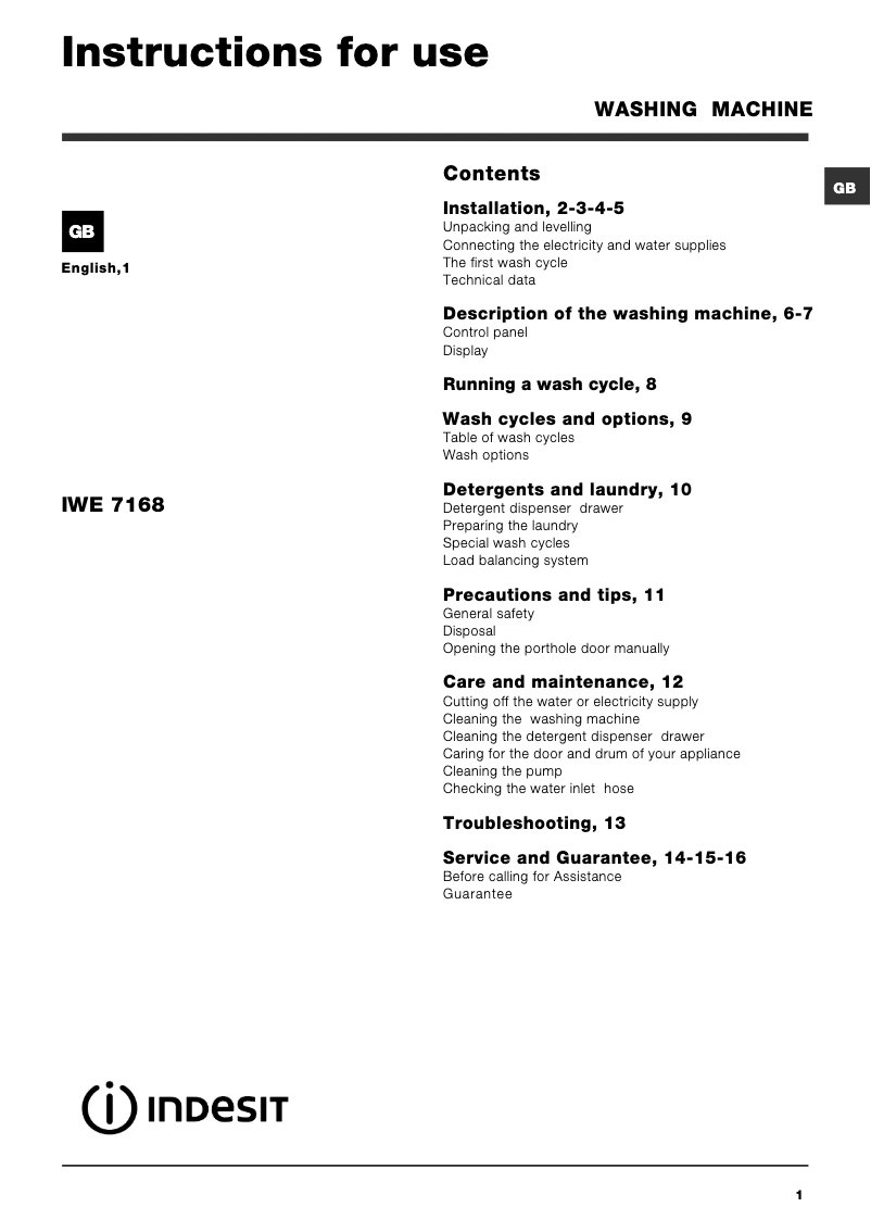 Page 1 de la notice Manuel utilisateur Indesit IWE 7168 B (UK)