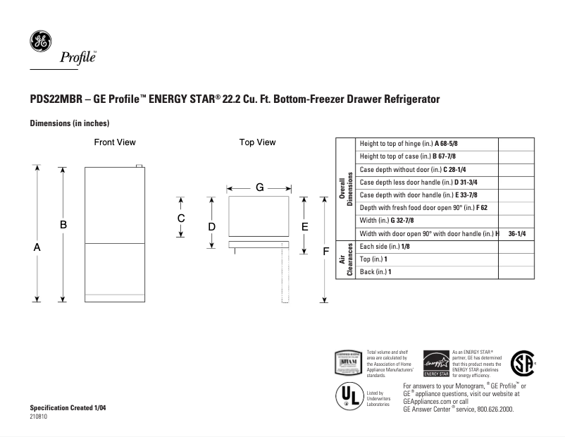 Page n°1 - Fiche technique GE PDS22MBRWW