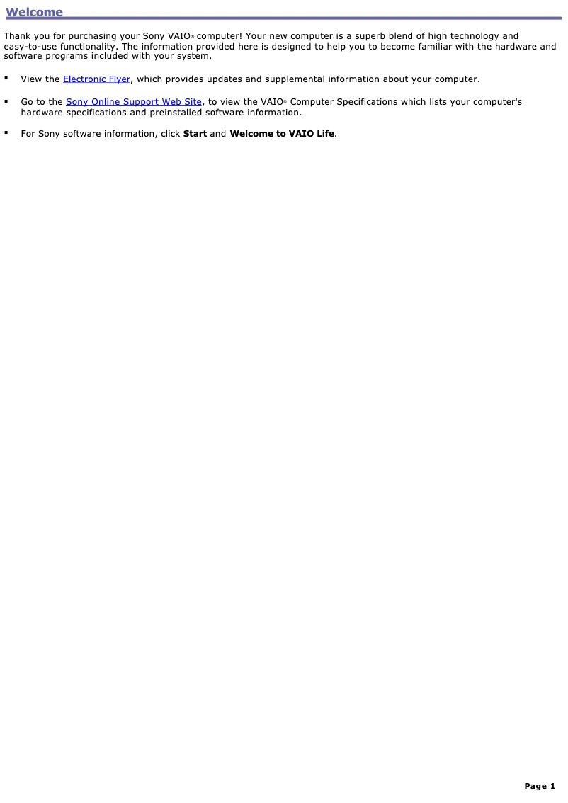 Page 1 de la notice Manuel utilisateur Sony Vaio PCV-RS421