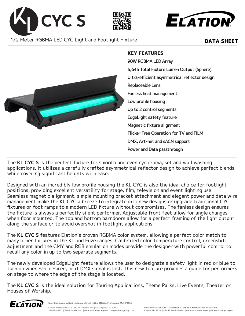 Page 1 de la notice Fiche technique Elation KL Cyc S