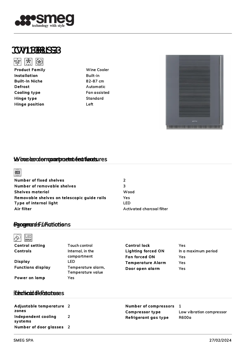Page 1 de la notice Fiche technique Smeg CVI138LS3