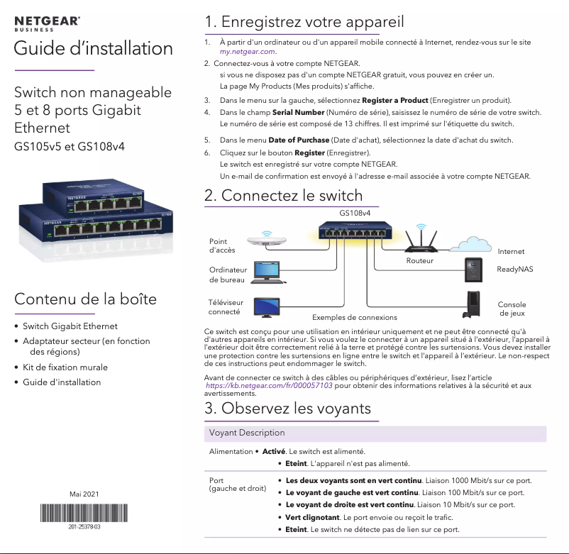Page 1 de la notice Guide d'installation Netgear GS105v5