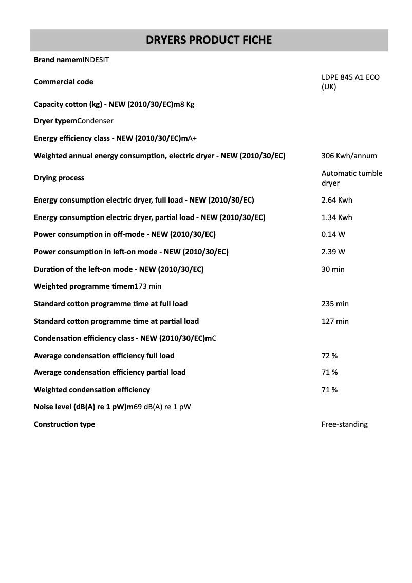 Page n°1 - Manuel utilisateur Indesit LDPE 845 A1 ECO (UK)