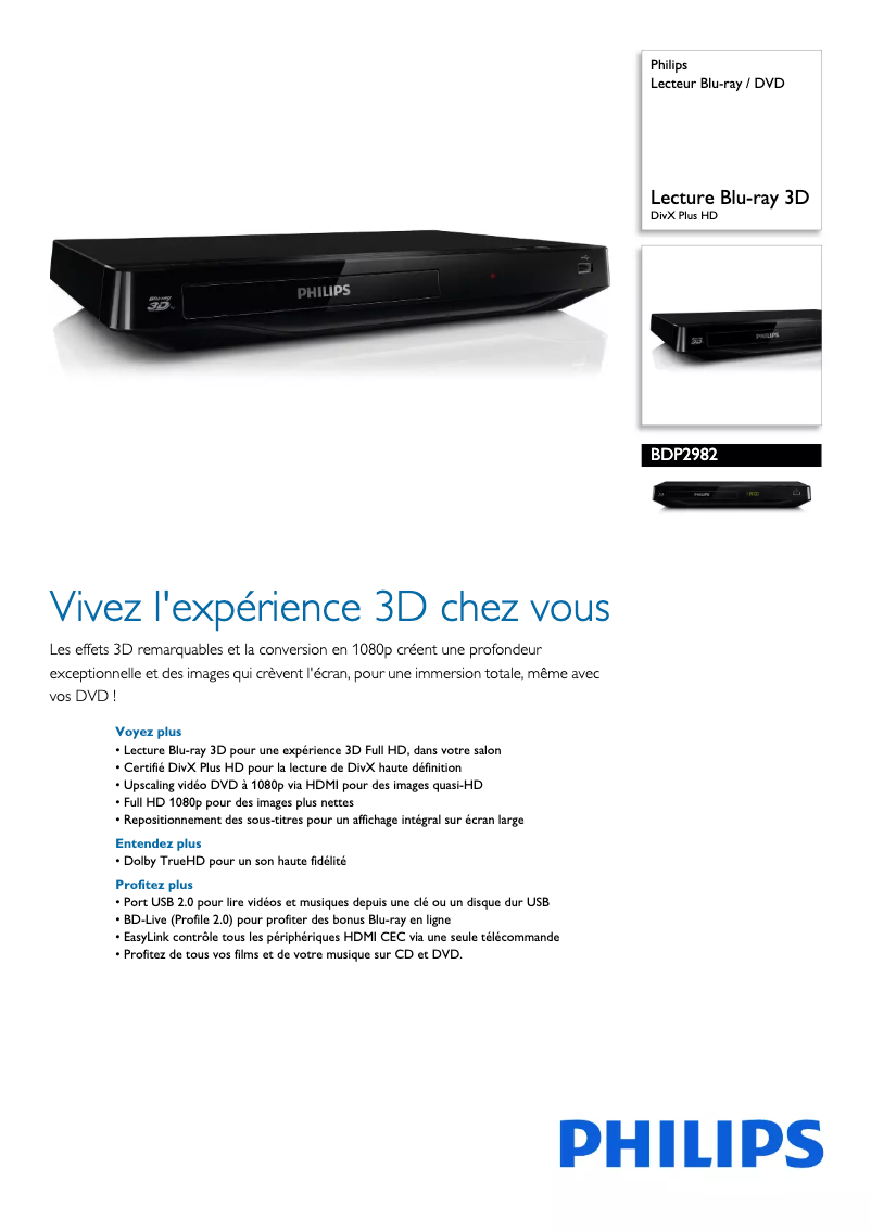 Page 1 de la notice Fiche technique Philips BDP2982