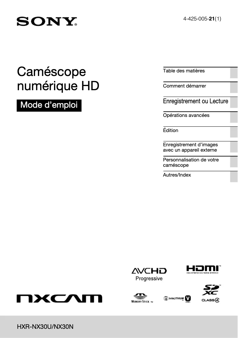 Page 1 de la notice Manuel utilisateur Sony HXR-NX30N