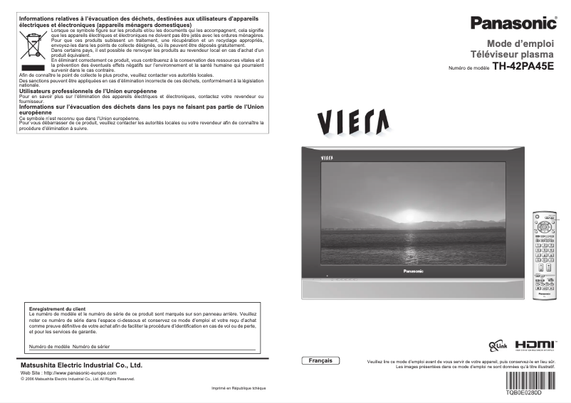 Image de la première page du manuel de l'appareil Viera TH-42PA45E