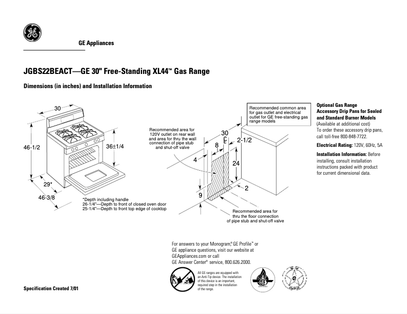 Page 1 de la notice Fiche technique GE JGBS22BEACT