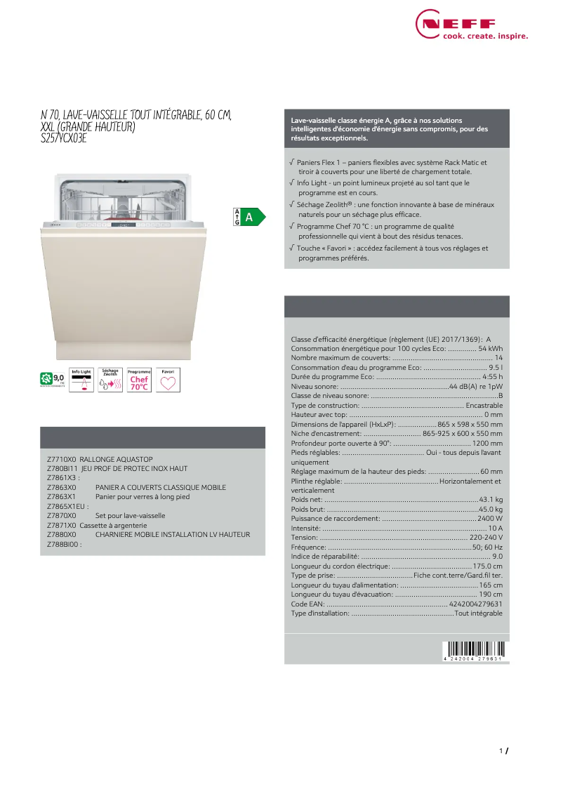 Page n°1 - Fiche technique Neff S257YCX03E