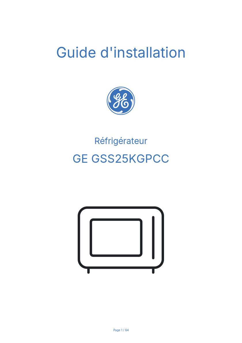 Page n°1 - Guide d'installation GE GSS25KGPCC