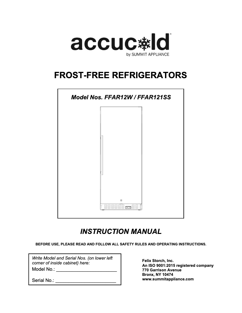 Image de la première page du manuel de l'appareil Accucold FFAR12W
