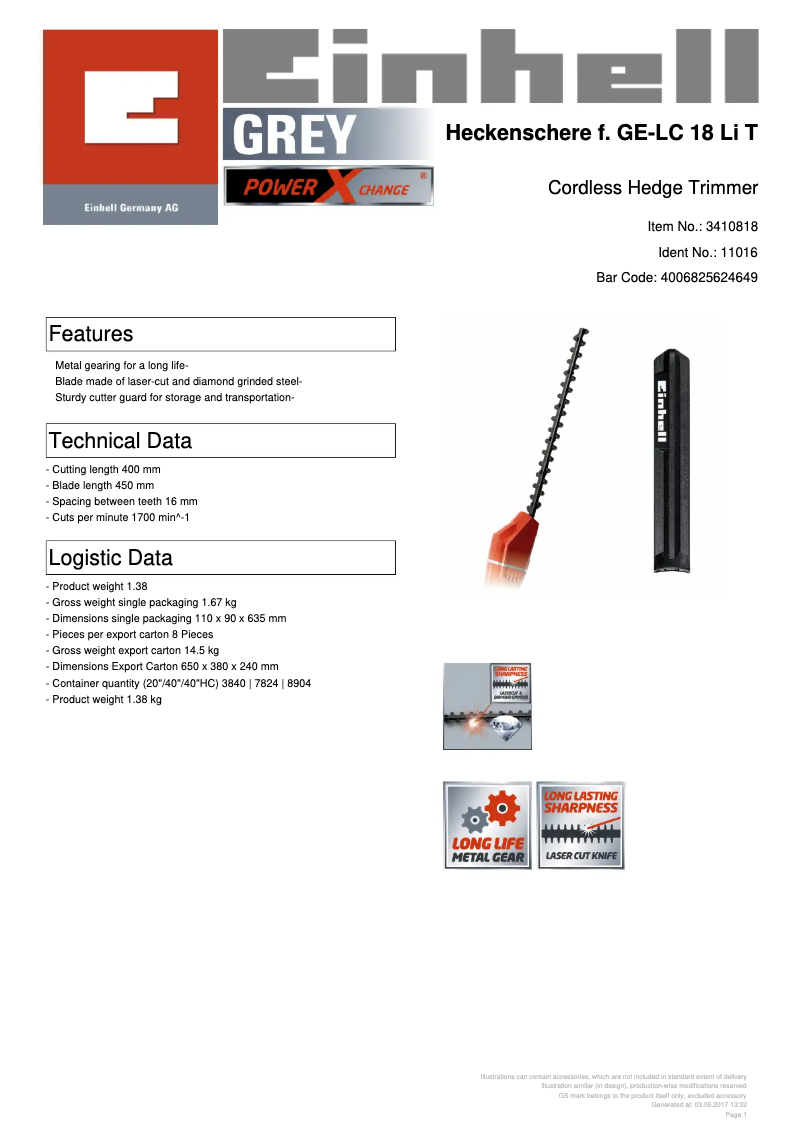 Página 1 del manual Ficha técnica Einhell GE-HH 18 Li T