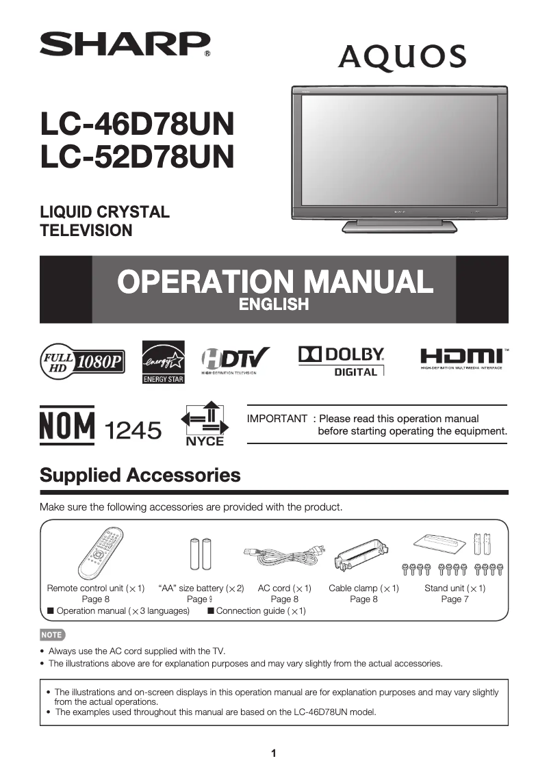 Page 1 de la notice Manuel utilisateur Sharp AQUOS LC-46D78UN