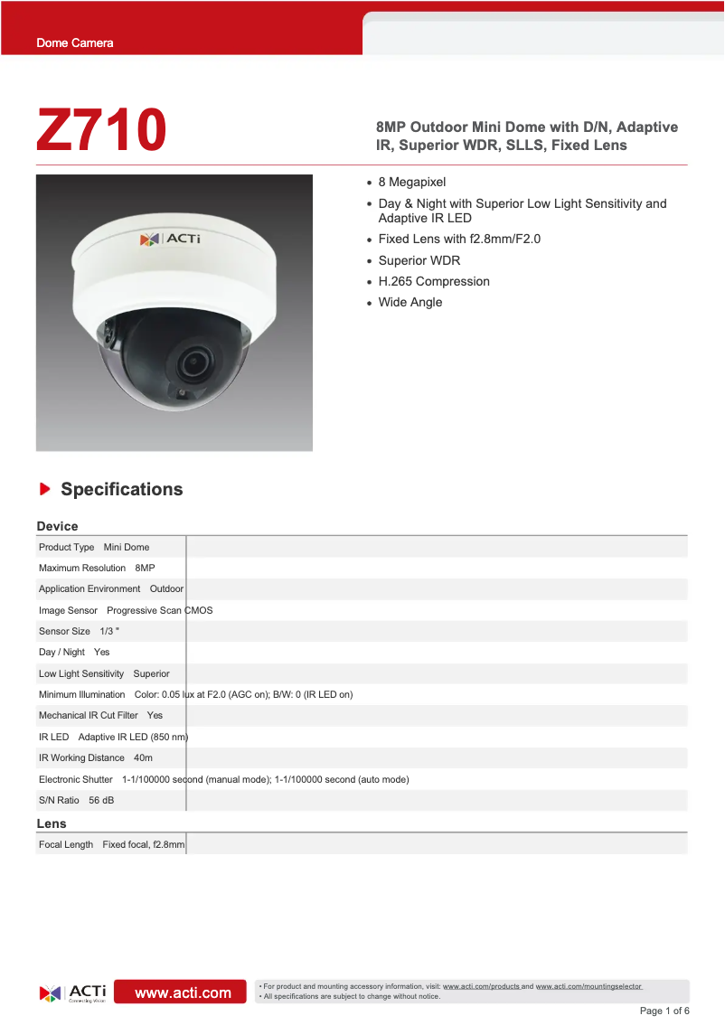 Page 1 de la notice Fiche technique ACTi Z710