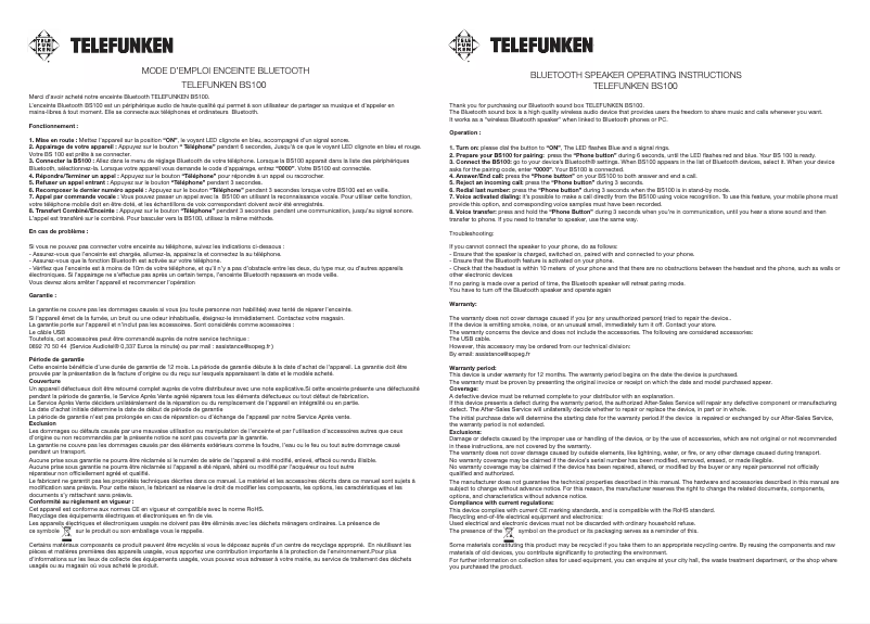 Page n°1 - Manuel utilisateur Telefunken BS100