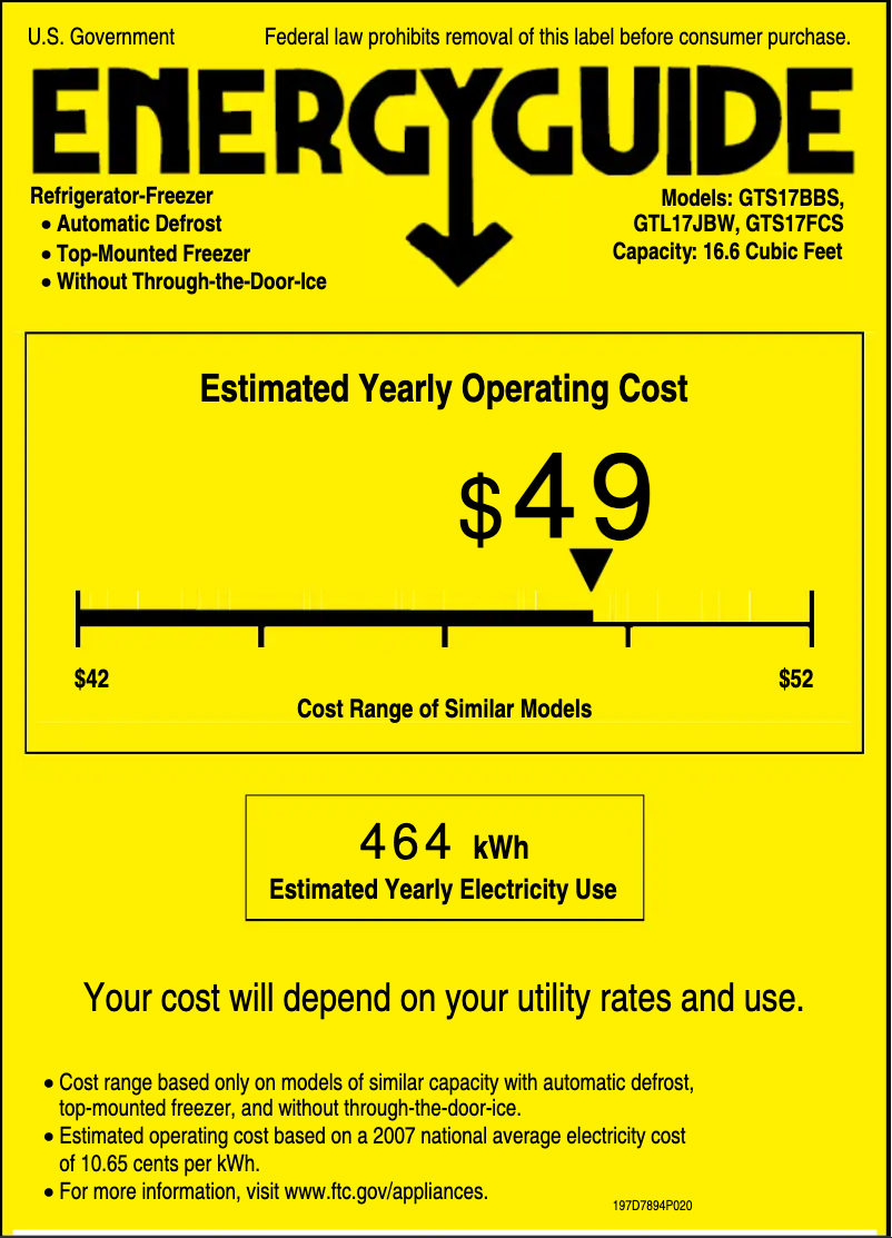 Page 1 de la notice Label énergétique GE GTS17BBSLBB