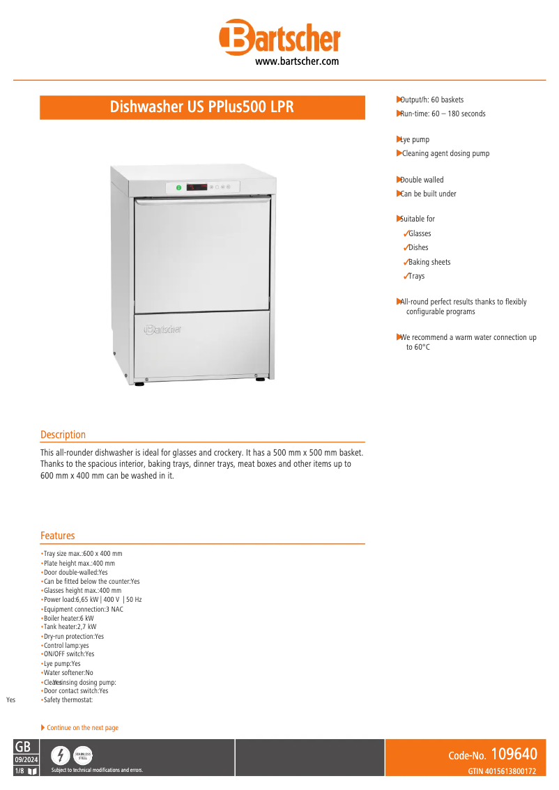 Page n°1 - Fiche technique Bartscher US PPlus500 LPR