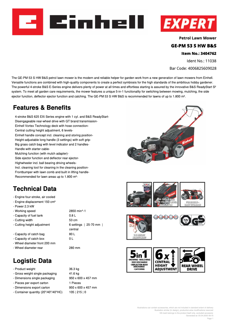 Page n°1 - Fiche technique Einhell GE-PM 53 S HW B&S