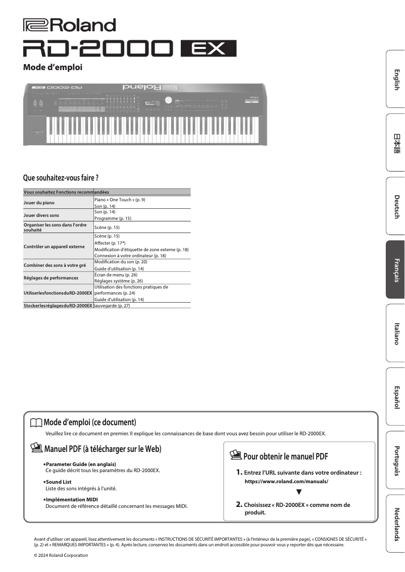 Page 1 de la notice Manuel utilisateur Roland RD-2000 EX