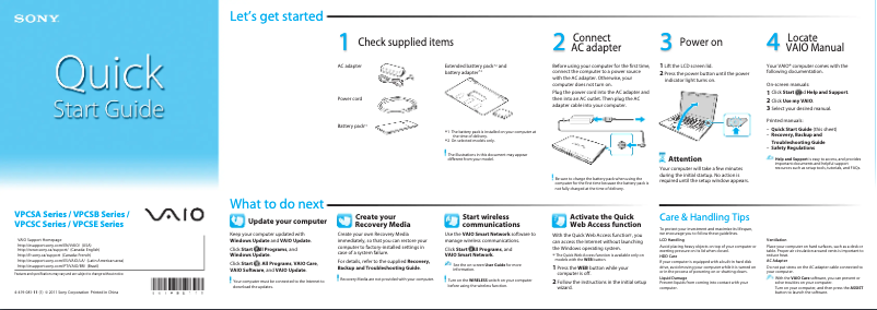 Page 1 de la notice Guide d'installation Sony Vaio VPCSC41FM