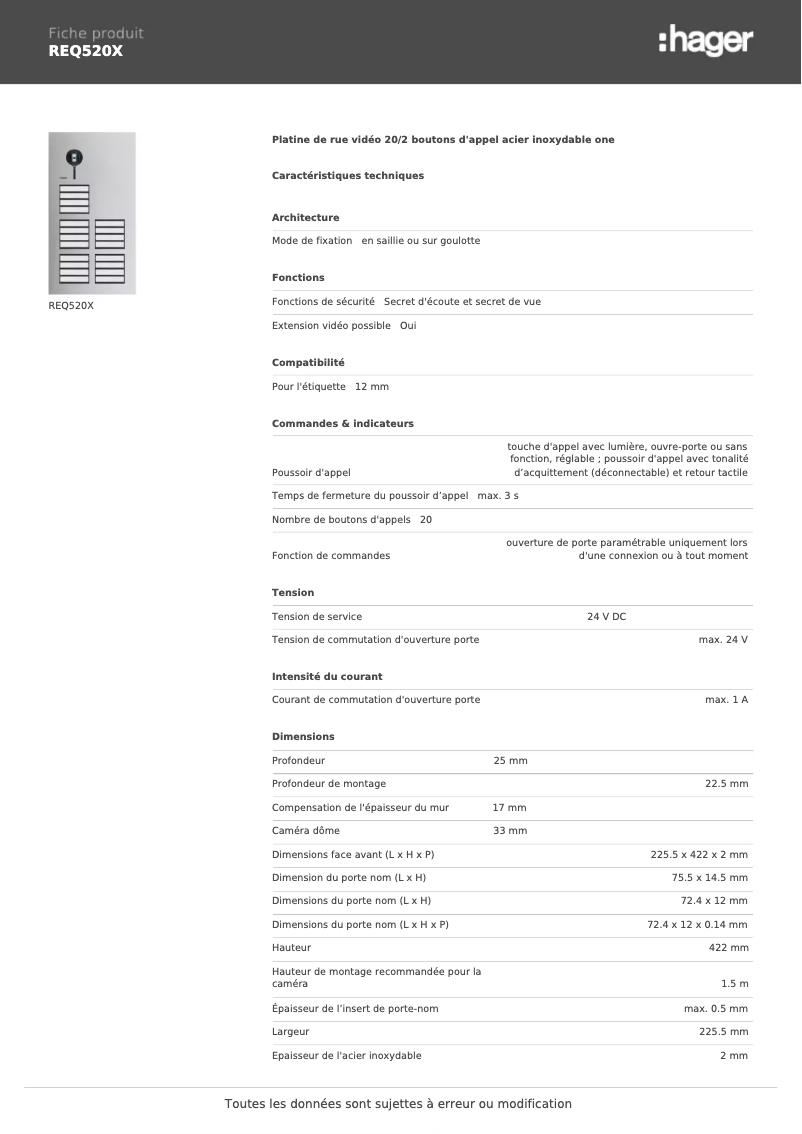 Page 1 de la notice Fiche technique Hager REQ520X