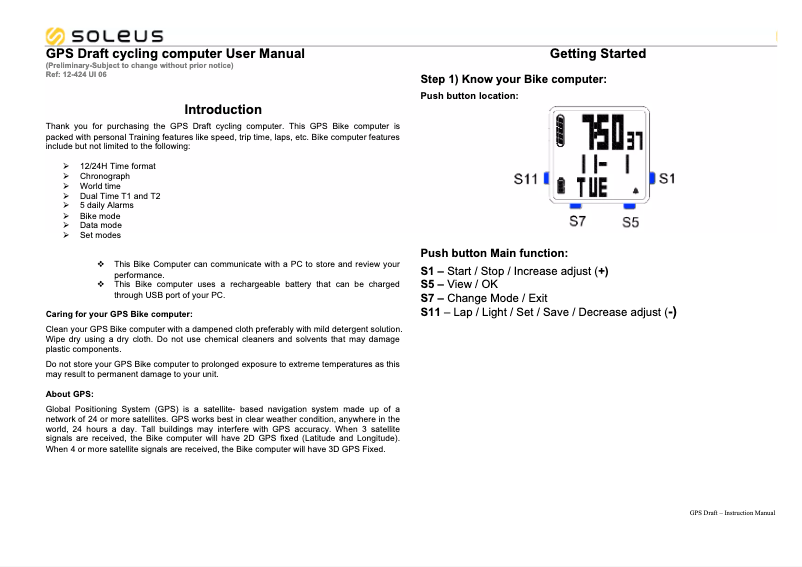 Page n°1 - Manuel utilisateur Soleus GPS Draft