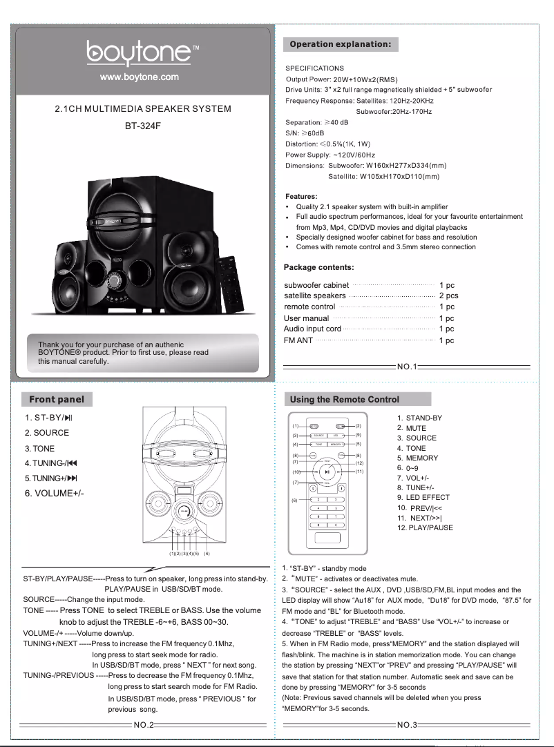 Page 1 de la notice Manuel utilisateur Boytone BT-324F