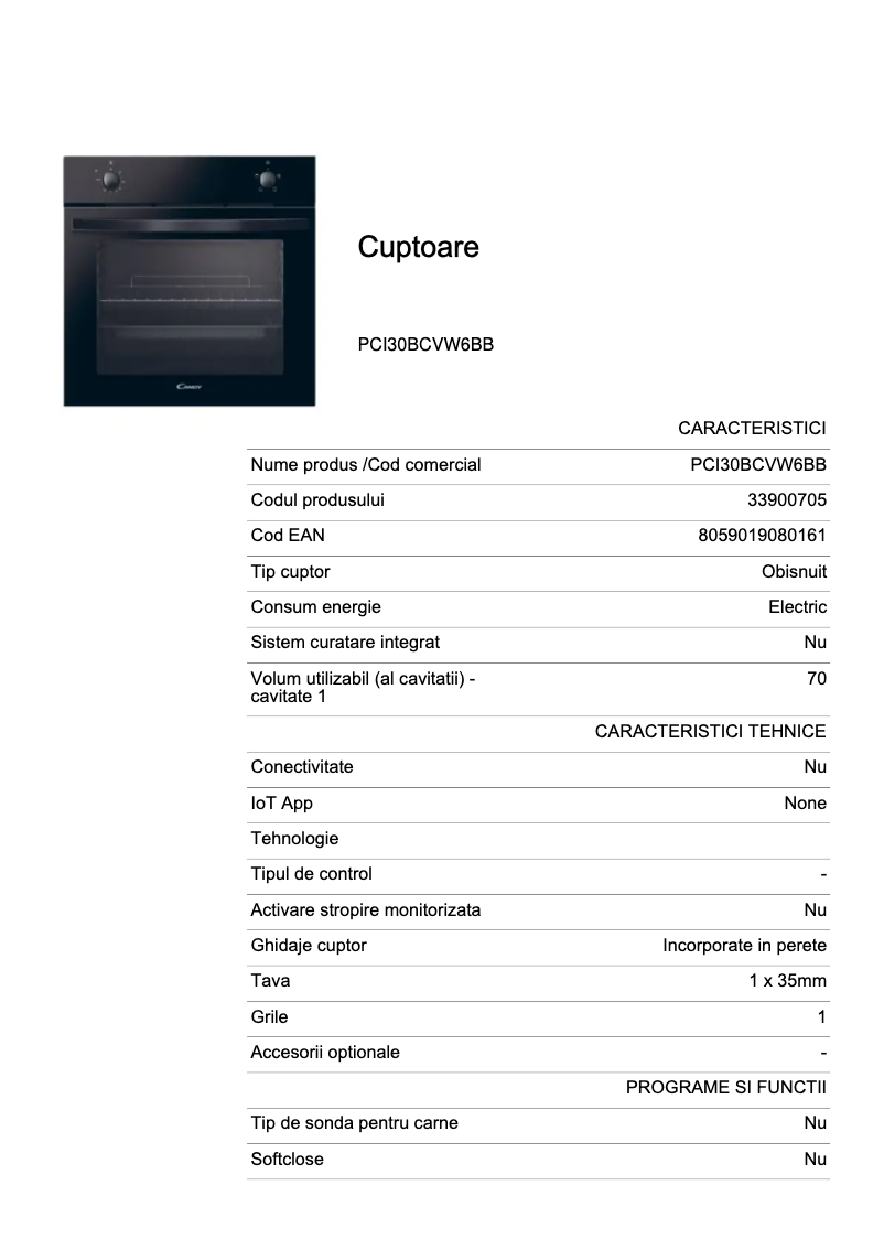 Page 1 de la notice Fiche technique Candy PCI30BCVW6BB