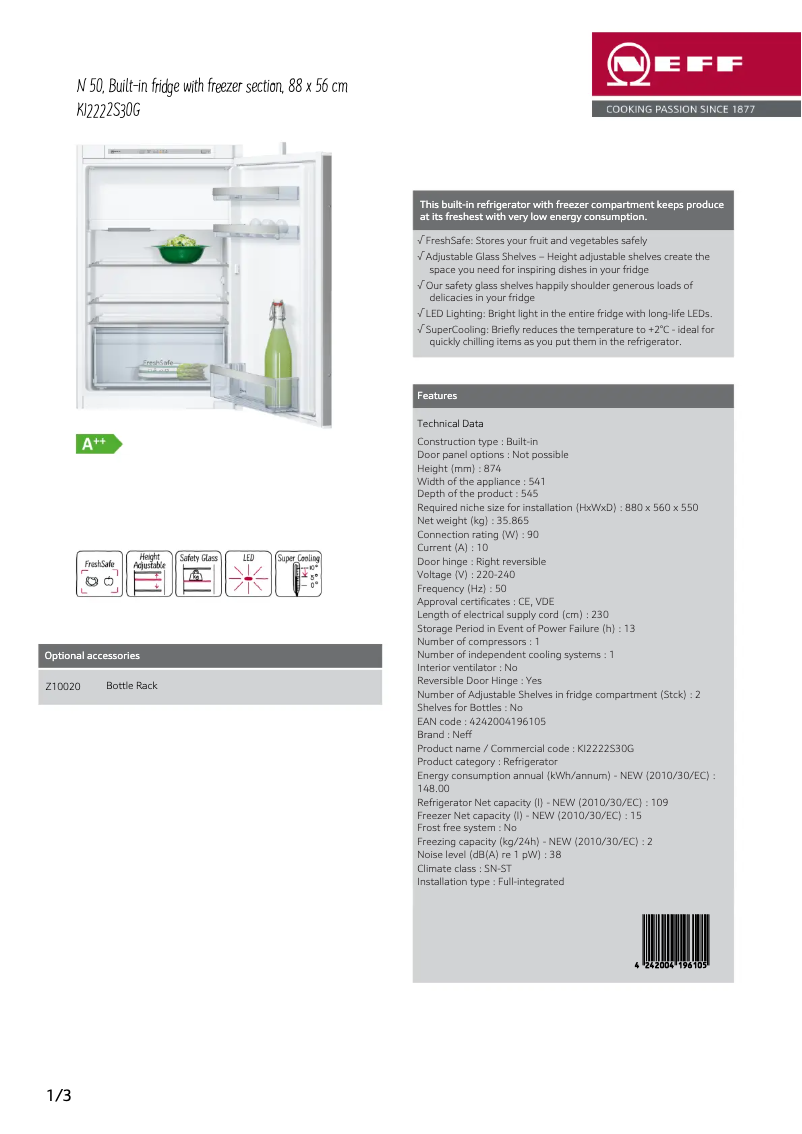 Page 1 de la notice Fiche technique Neff KI2222S30G