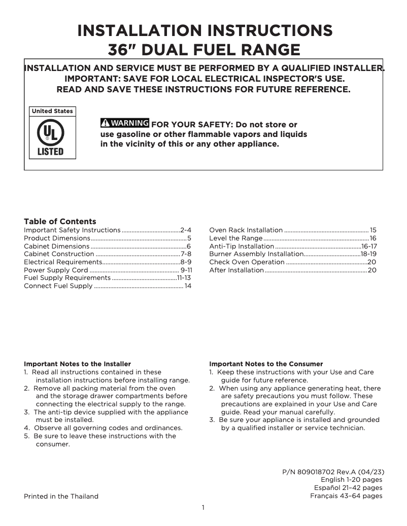 Página 1 del manual Guía de instalación Frigidaire GCFD3661AF