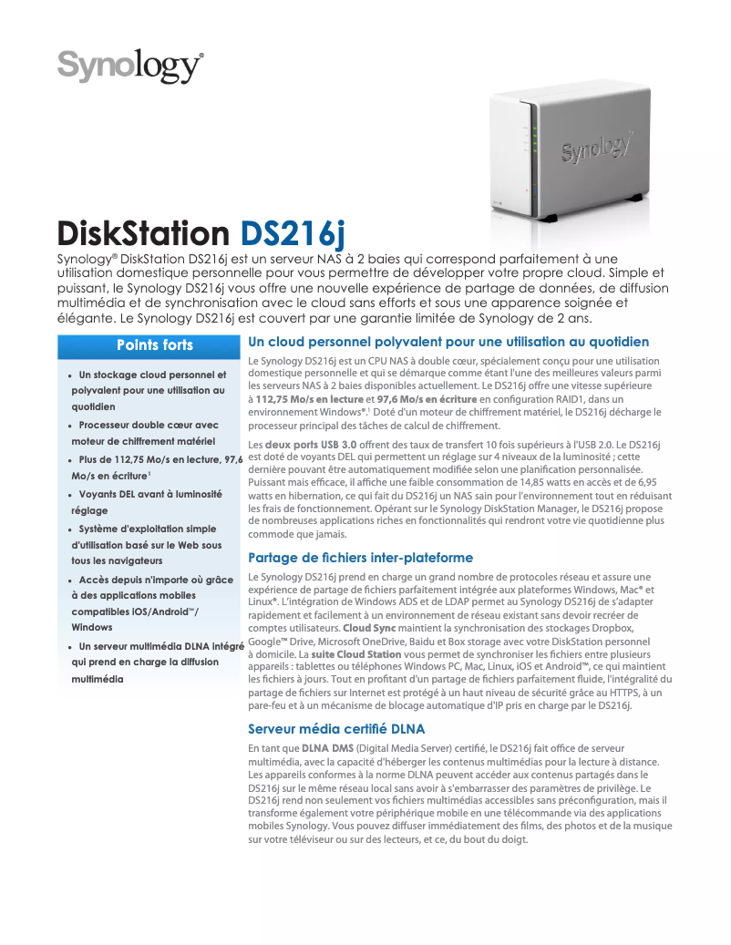 Page n°1 - Fiche technique Synology DiskStation DS216j