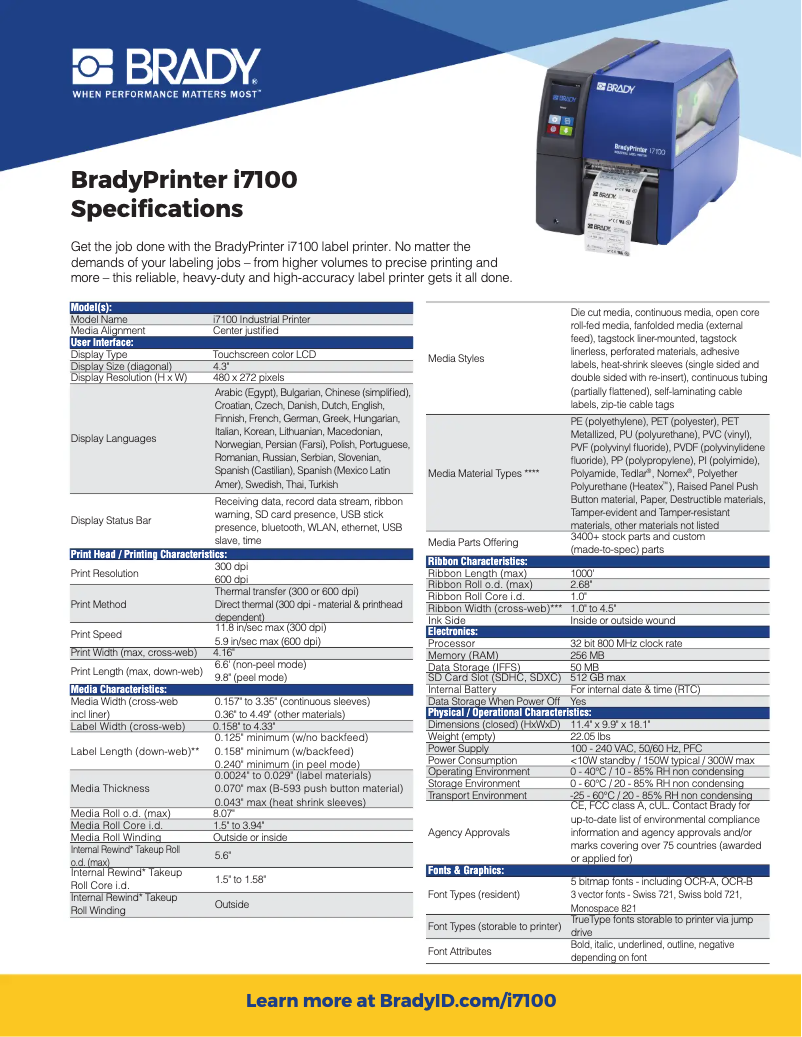 Image de la première page du manuel de l'appareil BradyPrinter i7100